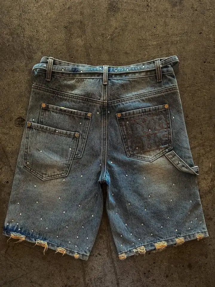 American Retro Sequined Rhinestone Denim Shorts Y2K Jeans Mens Pocket Embroidery Ribbon Washed Baggy Shorts Over The Knee Pants
