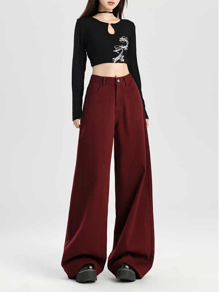Women's Red Baggy Jeans Harajuku Denim Trousers Japanese 2000s Style Y2k Vintage Oversize High Waist Jean Pants Trashy Clothes