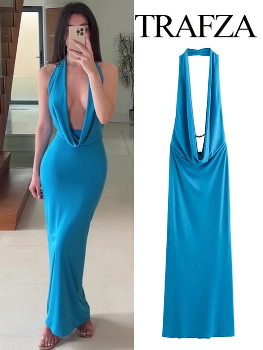 TRAFZA Female Chic Elegant Off Shoulder Folds Hanging Neck Long Dress Woman Solid Sleeveless Backless Evening Party Dresses