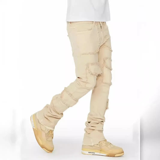 Men's Denim Workwear Straight-leg Pants, European and American Fashion Elastic Patched Denim Stacked Flared Men's Pants S-XL