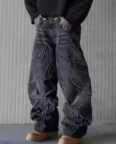 2025 new Jeans Y2K Mens Womens Retro Hip Hop Distressed Embroidered Baggy Jeans Black Pants Rock High Waist Wide Leg Trousers