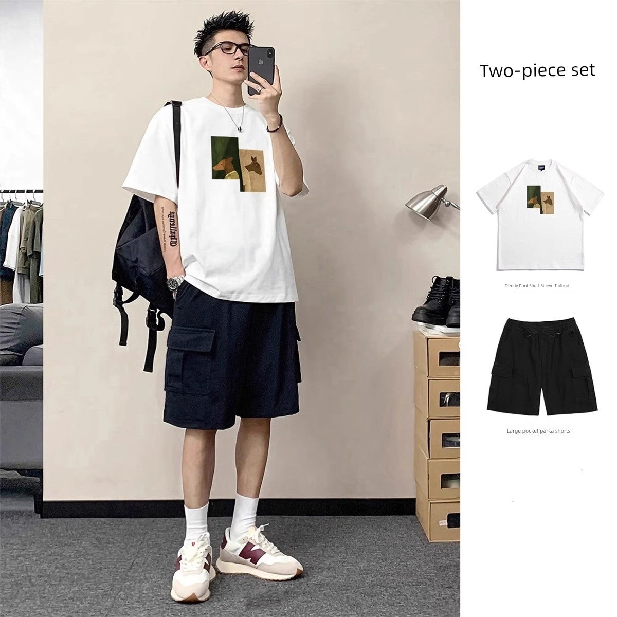 Print round Neck Pure Cotton T-shirt Men's Suit Summer Menswear a Set of Matching Parka Shorts Fashion Short Sleeve T-shirt