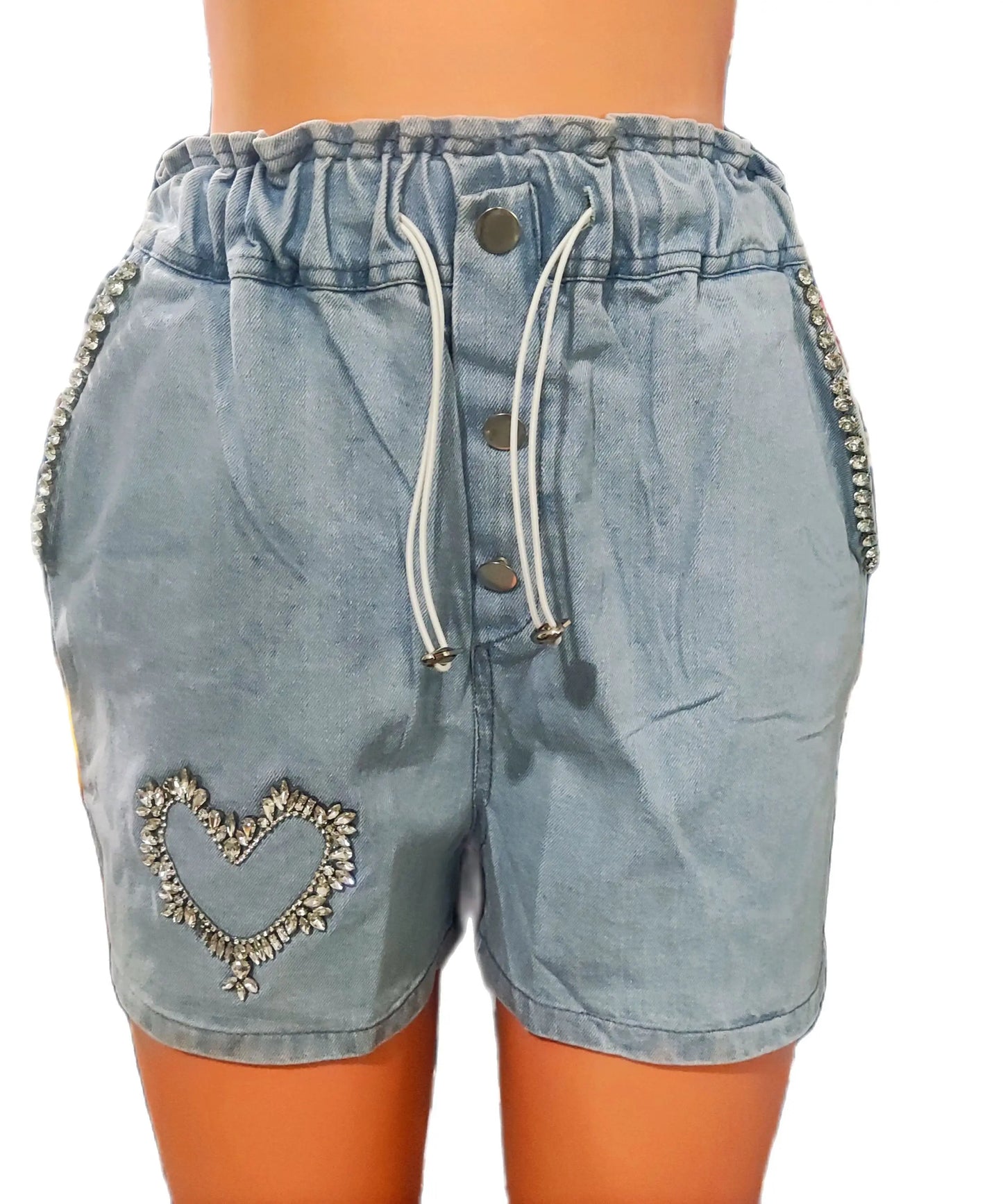 Y2K 2023 Summer New Casual Fashion Cargo Shorts Temperament Commuting Rhinestone Heart Pattern Drawstring Trending Denim Shorts
