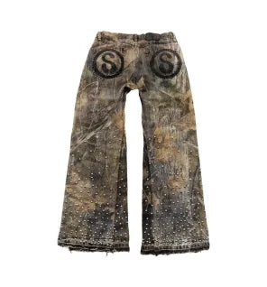 European and American personalized leopard print letter patch straight jeans summer retro punk trendy casual skateboard pants