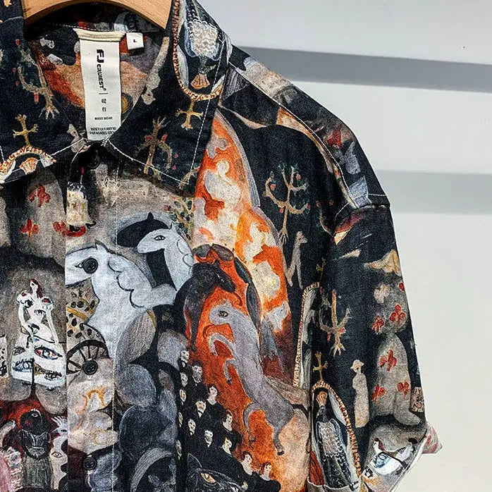 Printed Men Short Sleeved Linen Top Japanese Retro Summer Open Top Shirt