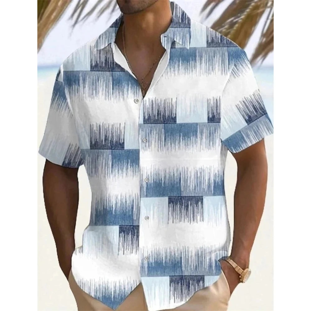 Summer Men's Shirts 3D Casual Plaid Stripe Pattern Hawaiian Button Short Sleeve Shirt Men Clothes Loose Men's Shirts Male Shirts