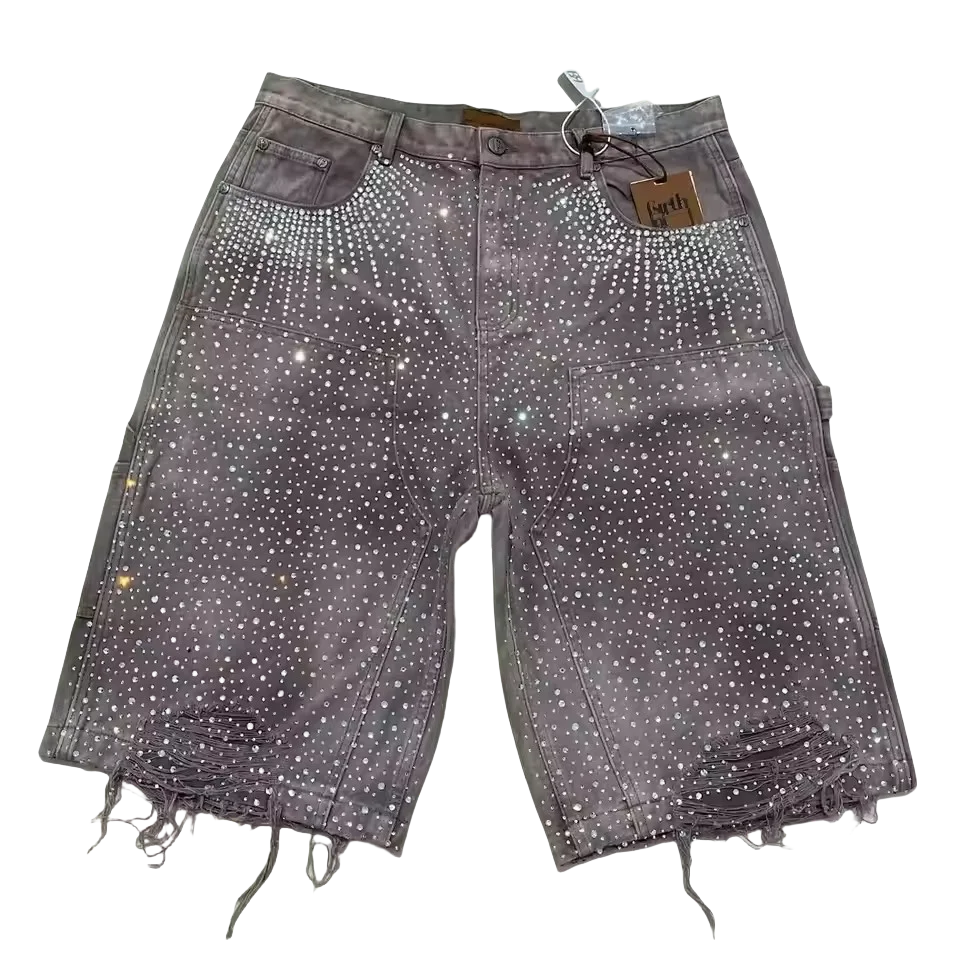 Retro Gothic Y2k Sweatpants Oversized Iron Diamond Pattern Denim Shorts for Men Hip Hop Punk Low Waist Gym Shorts Streetwear