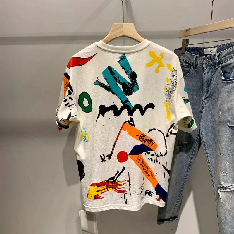 Summer Men's 2024 New Pullover O-Neck Spliced Printed Letter Fashion Loose Minimalist Casual All-match Short Sleeve T-shirt Tops