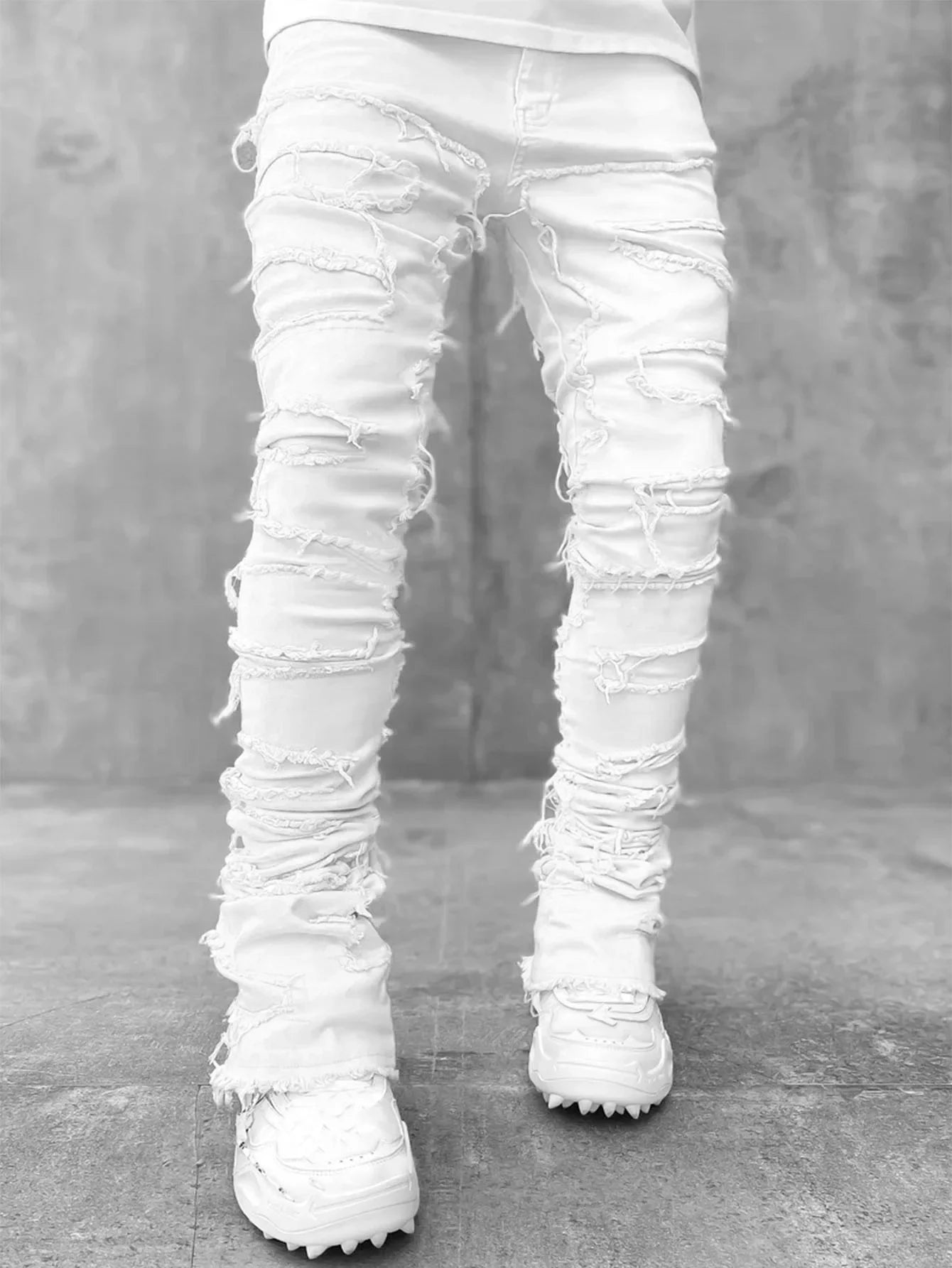 Men's Casual Distressed Jeans Tassels Patchwork Design Slim Fit Solid Color Stretch Denim Pants Straight Leg Streetwear Trousers