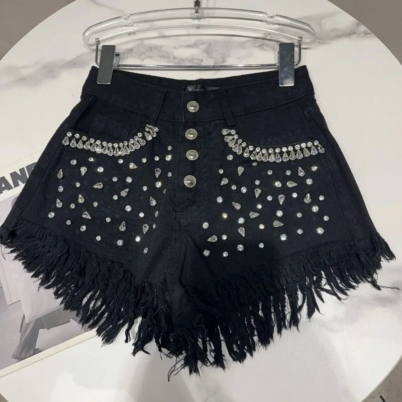 Matakawa Denim Shorts Mujer Beading Diamonds Tassels Spring Summer Women Pants Streetwear Solid Korean Fashion Pantalones Cortos