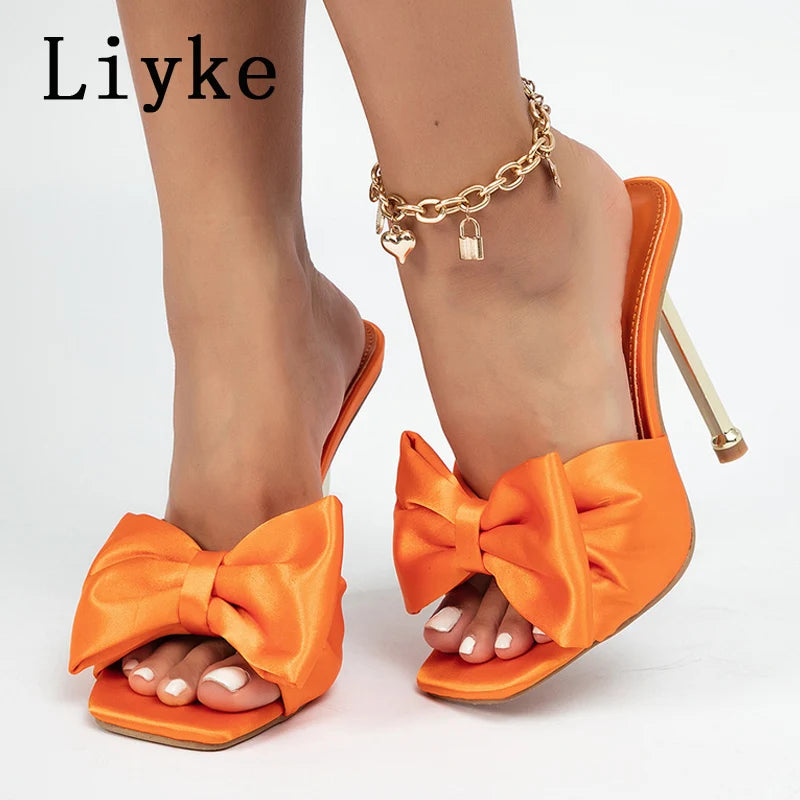 Liyke Fashion Yellow Green Silk Butterfly-Knot Women Slippers Mule High Heels Gladiator Sandals Flip Flop Square Toe Party Shoes