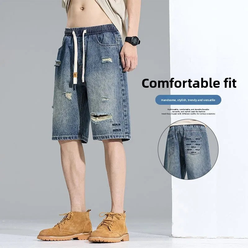 Casual Cargo Denim Shorts Men Elastic Waist Straight Comfortable Light Color Soft Short Pants Baggy Wide Bermuda Male Y2k Jeans