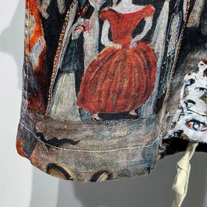 Printed Men Short Sleeved Linen Top Japanese Retro Summer Open Top Shirt