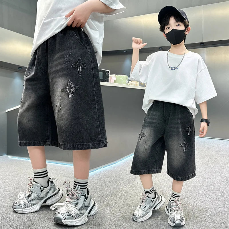 Hot Kids Stylish Summer Star Embroidered Denim Shorts for Tween Boys Luxury Design Jeans Shorts Child Five Shorts Casual Pants