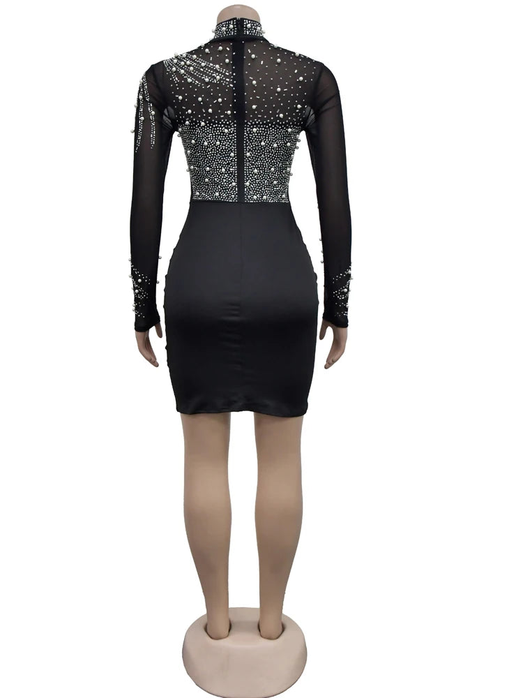 Beyprern Women's Black Mesh Bust Pearls & Rhinestone Décor Long Maxi Dress Glam See-Through Crystal Party Dress Birthday Outfits