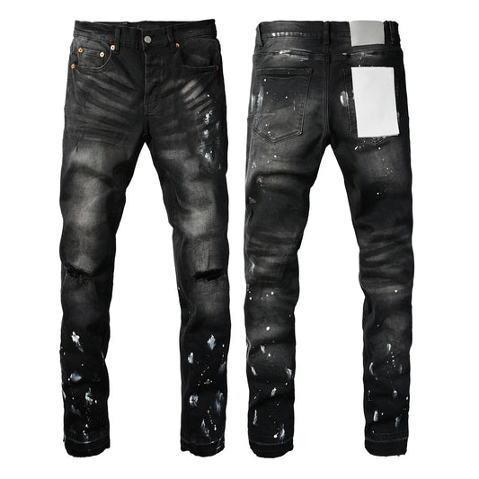 New Jeans Men Fashion Trend Daily Casual Black Paint Hole Straight Leg Pants Hip Hop Elastic Skinny Ripped jeans Brand pants