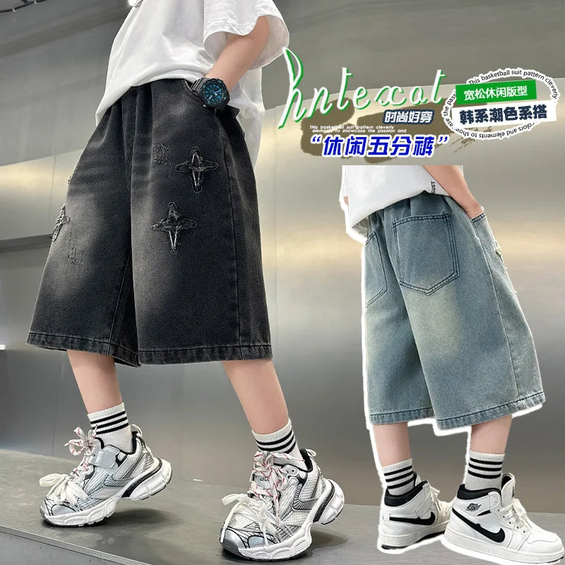 Hot Kids Stylish Summer Star Embroidered Denim Shorts for Tween Boys Luxury Design Jeans Shorts Child Five Shorts Casual Pants