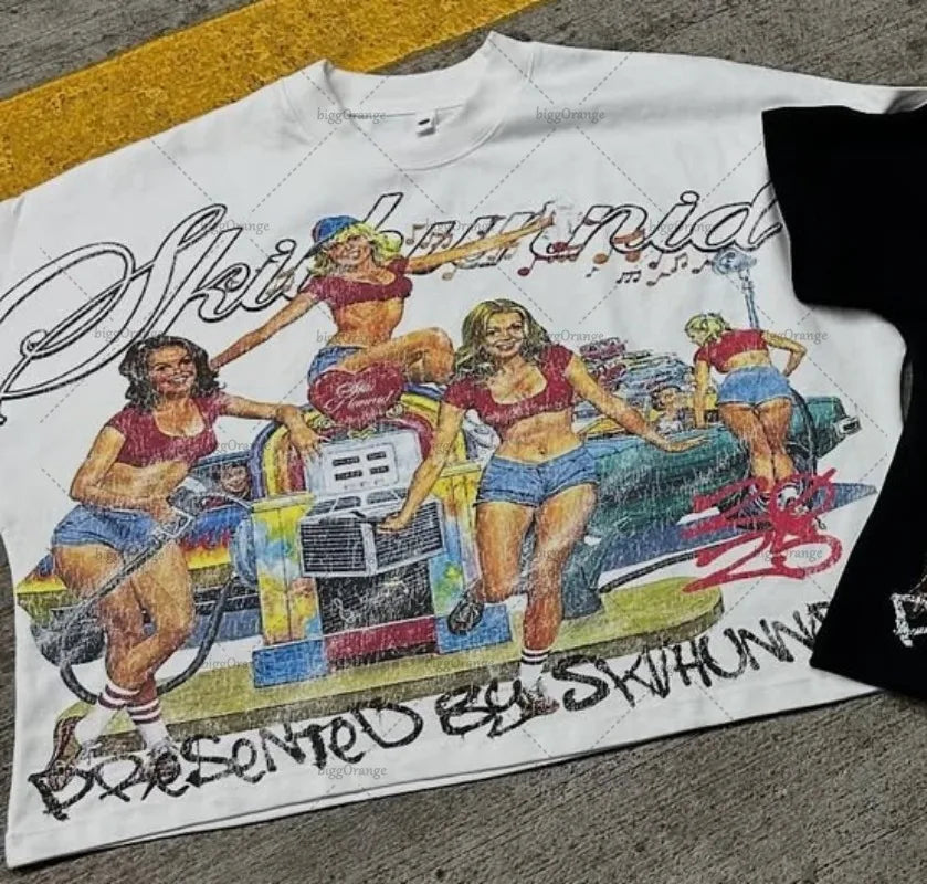 2025 American Hip-hop Oversized T-shirt Y2K Streetwear Men Casual High Street Harajuku Trendy Pure Cotton Round Neck top Women