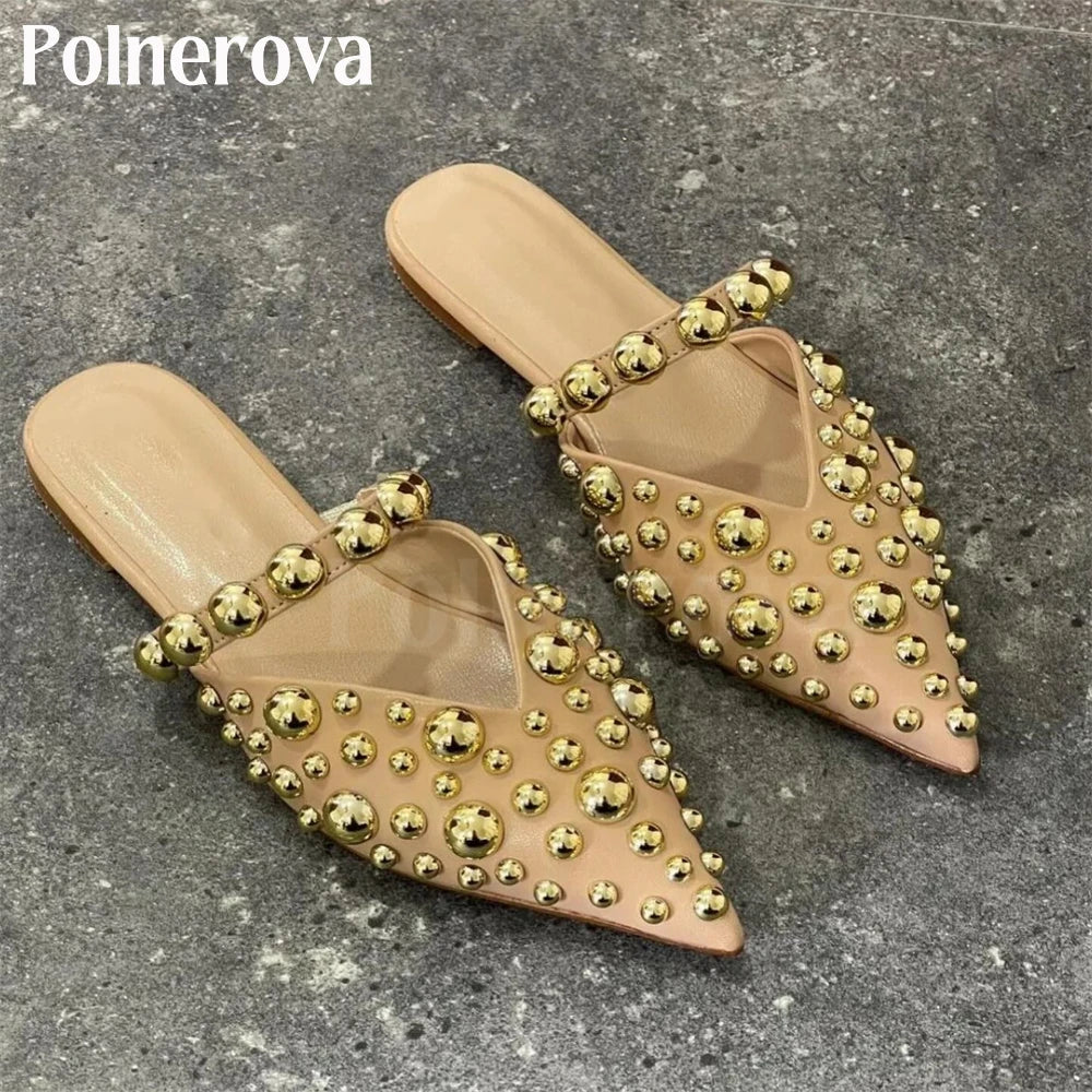 Metallic Beaded Pointed Toe Slippers Sexy Fashion Flat Slippers Custom Color Black Patent Leather Accessories Slip on Shoes New
