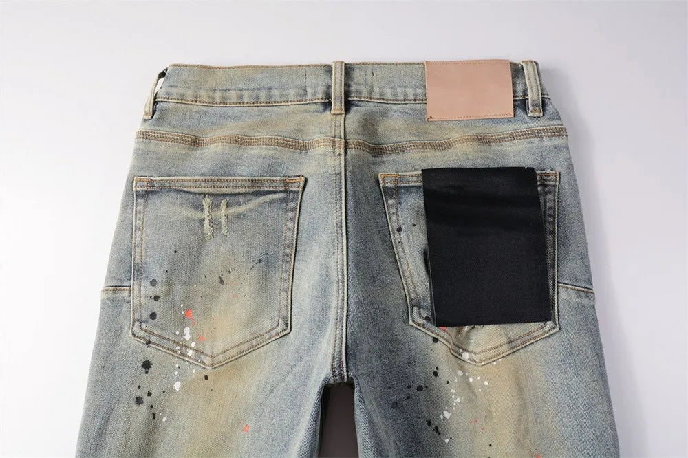 New jeans Men Fashion  Americans High Street Retro Wash Distressed Graffiti Ripped Hole Patch Stretch Skinny Jeans Brand pants