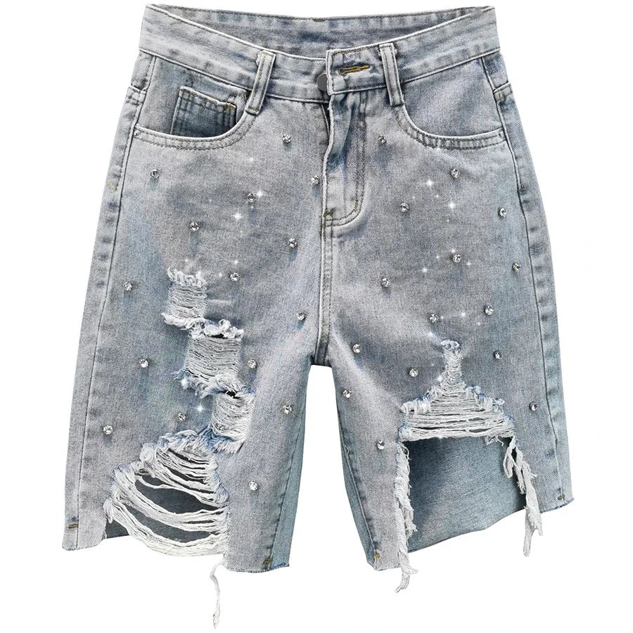 2023 Summer New Diamond Ripped High Waist Loose Light Blue Ins Trendy Women Fifth Jeans