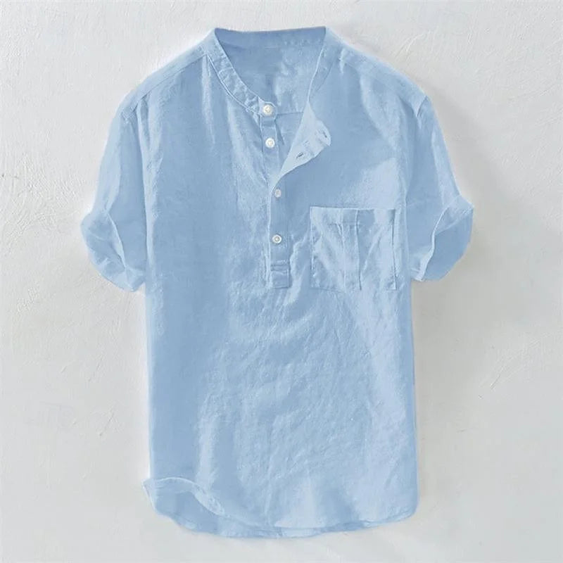 Hawaiian Men's Henley V Neck Short Sleeve Pocket Top Solid Color Fashion Shirt Men's Tops 100% Cotton and Linen Men's T-Shirt
